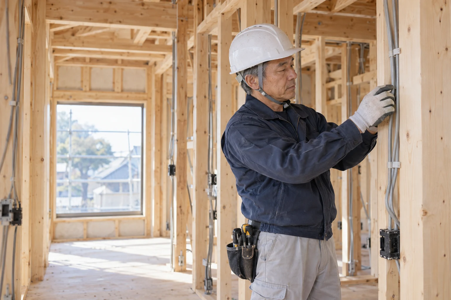 木造住宅の現場で配線を確認する職人のイメージ(AI生成)